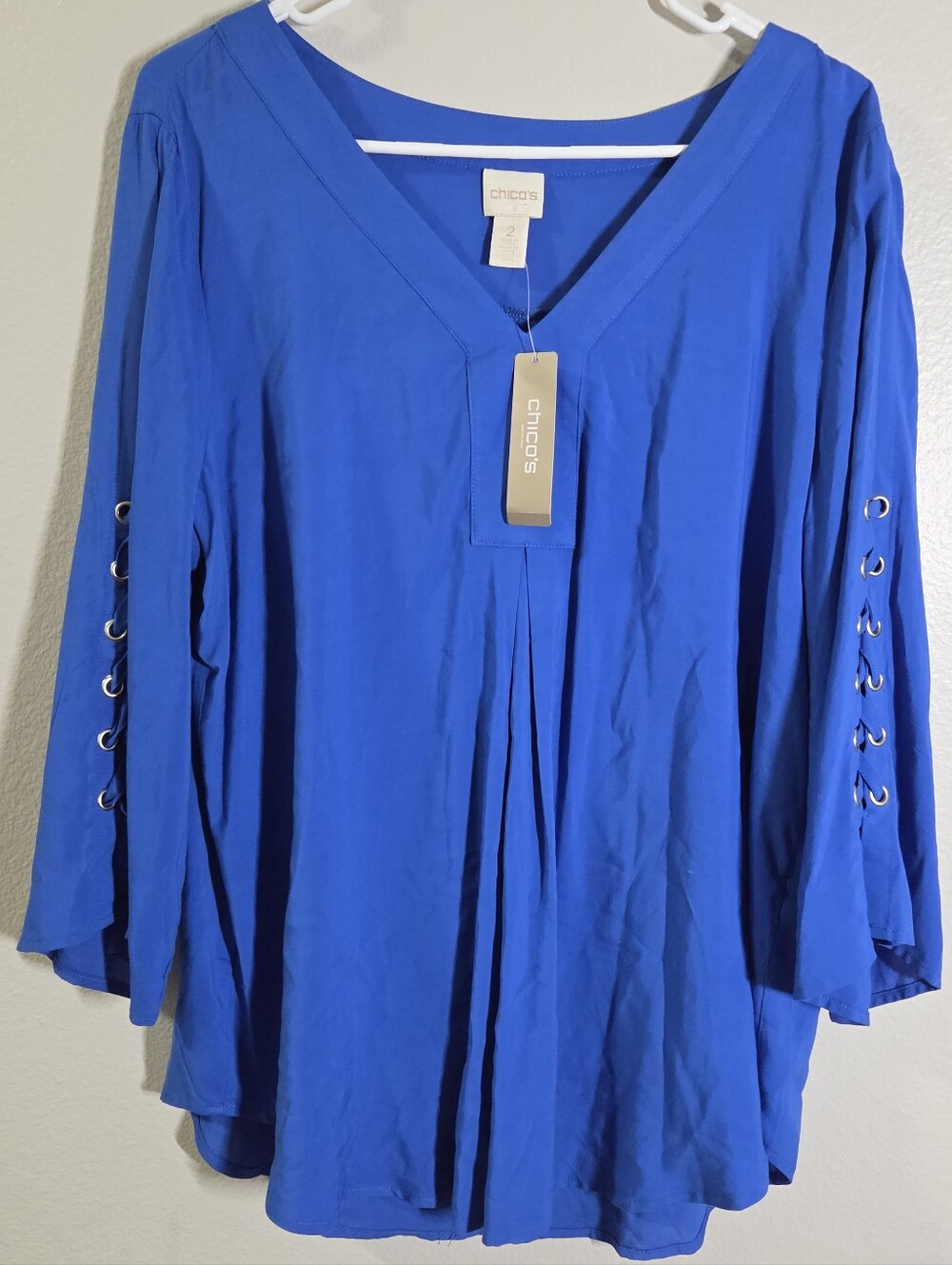 NWT Chico’s Enamel Blue Lace Up Cold Shoulder Long Sleeve Blouse Top Size 2 L